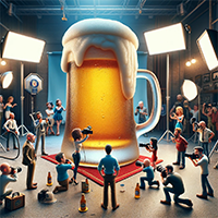 Riesen Bier wird umringt von Bierfotografen